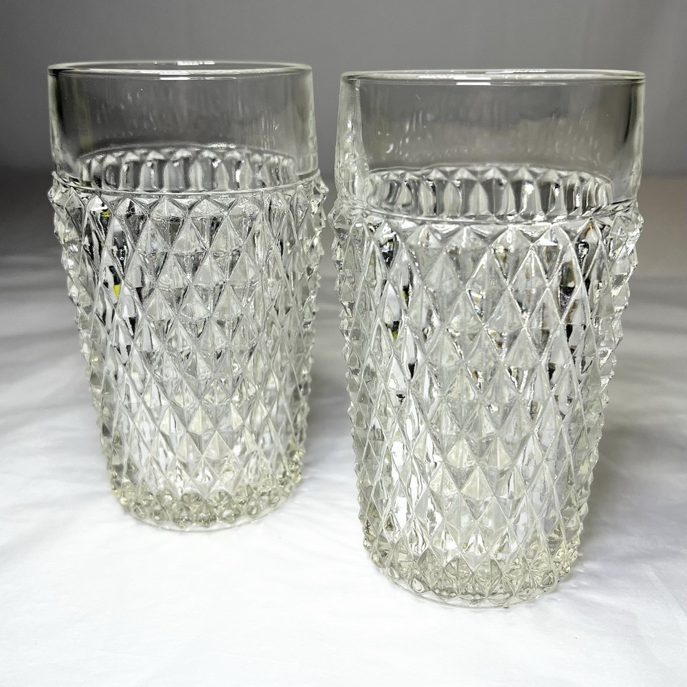 2 Vintage Indiana Glass Tumblers - Diamond Point‎ Clear - 5.75" x 3"
